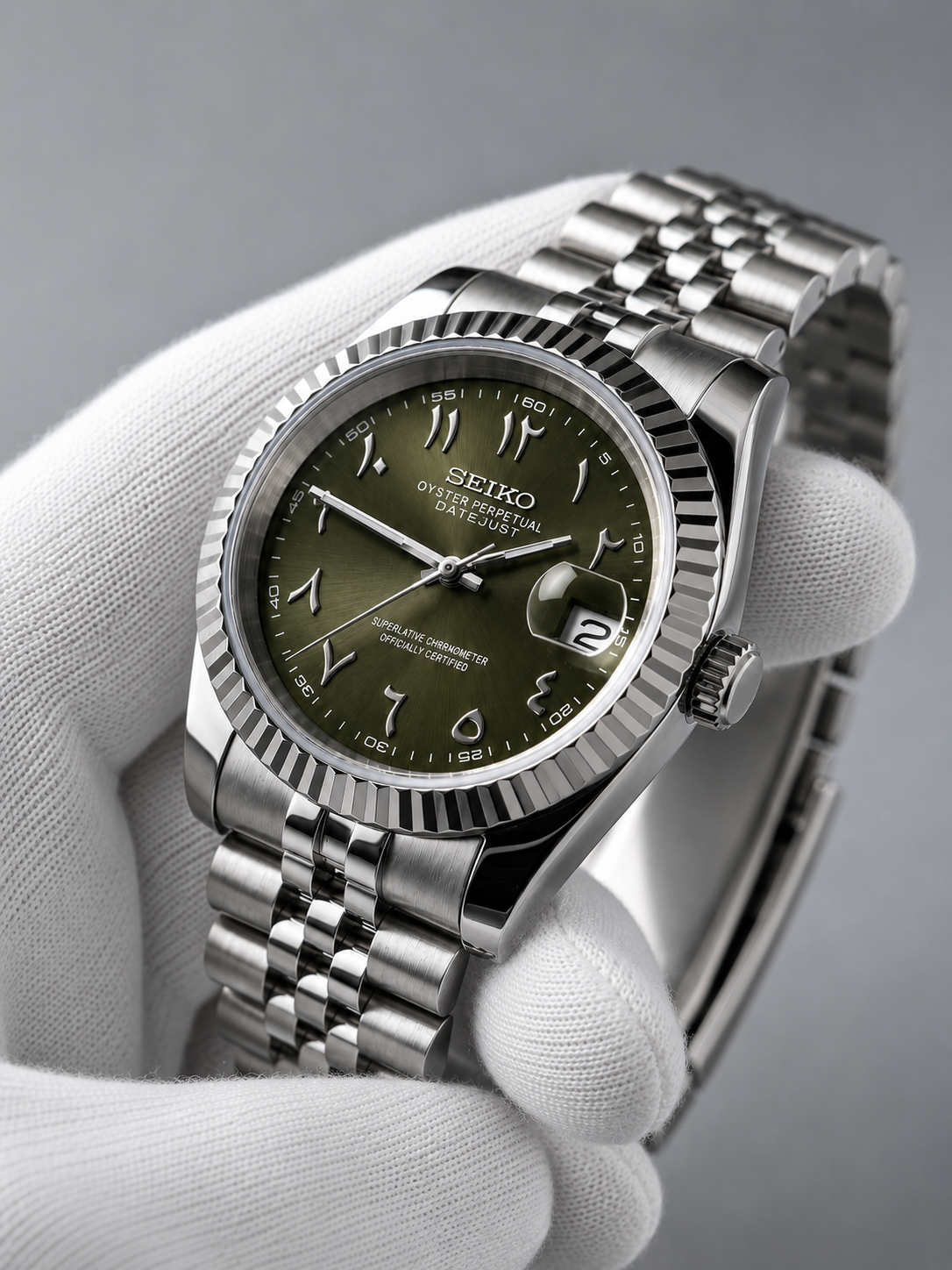 SEIKO CUSTOM MOD - ARABIC DATE WATCH - SATIN OLIVE GREEN