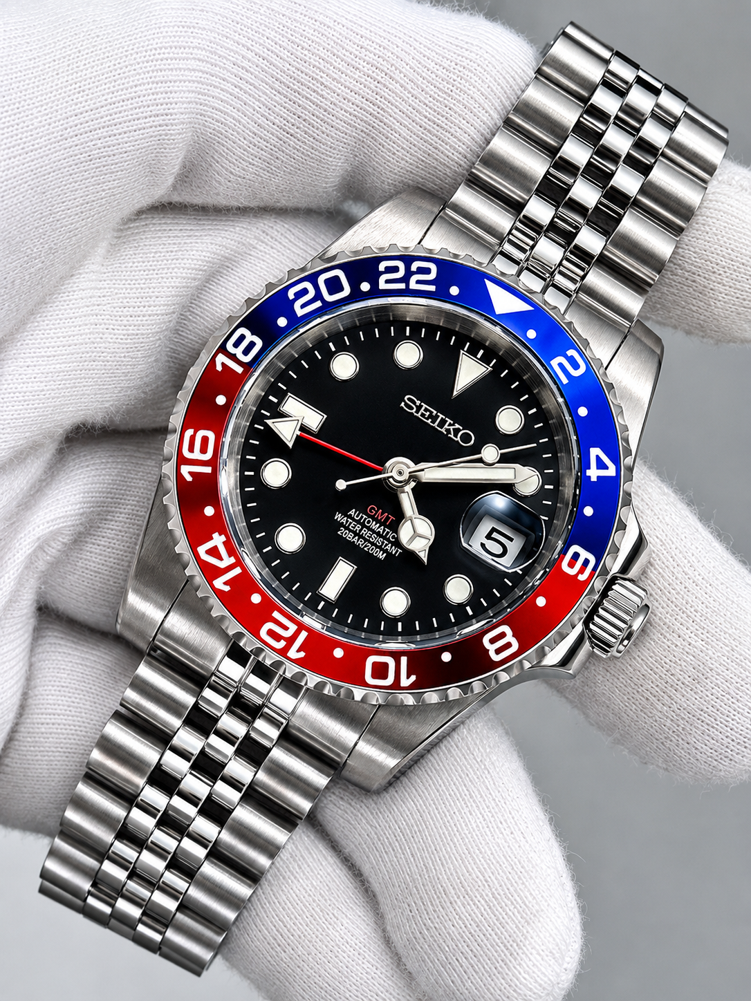 CUSTOM SEIKO MOD PEPSI WATCH GMT NH34 - PEPSI STYLE BLUE RED
