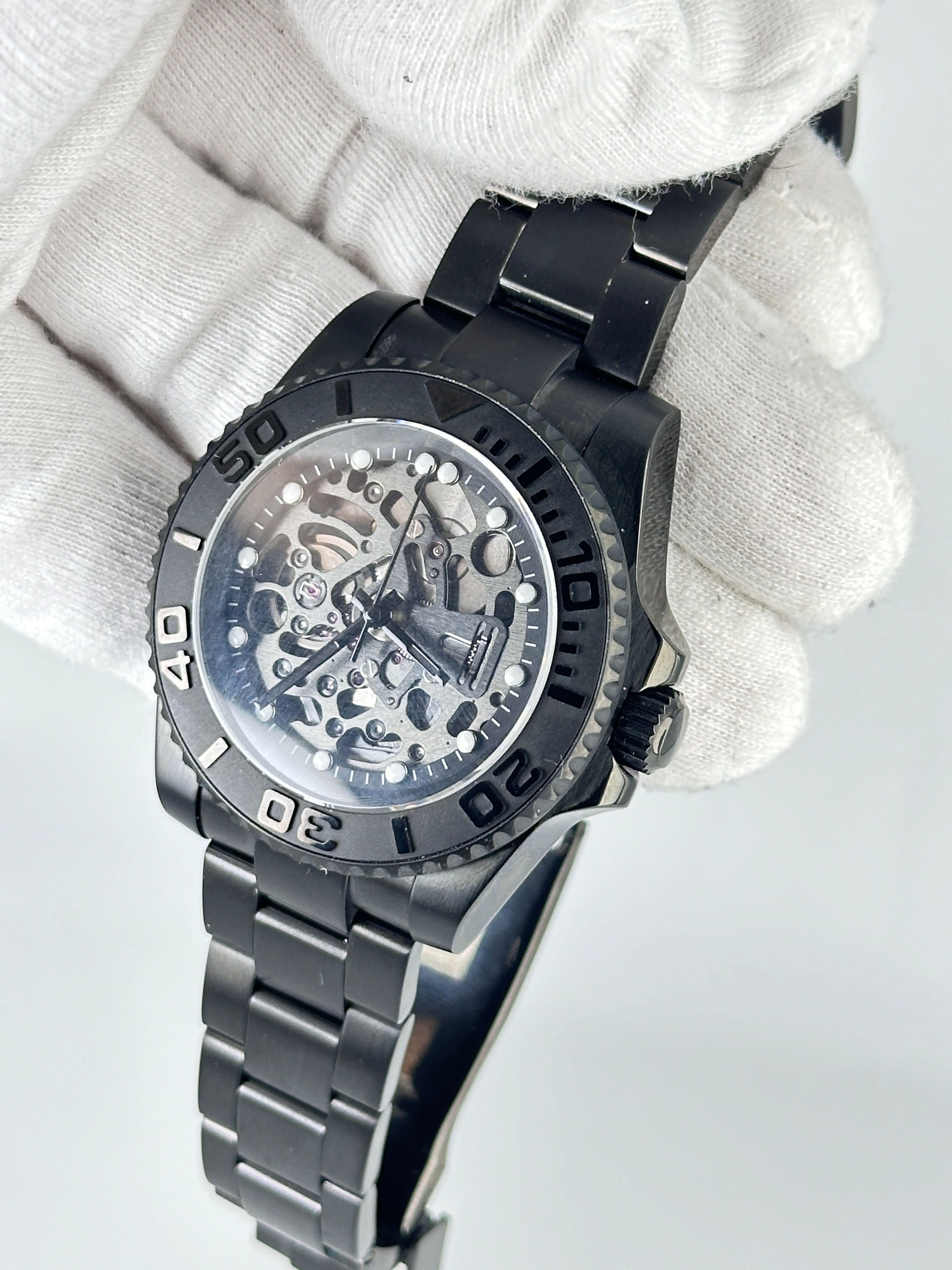 CUSTOM SEIKO MOD SUB SKELETON WATCH - TITAN BLACK
