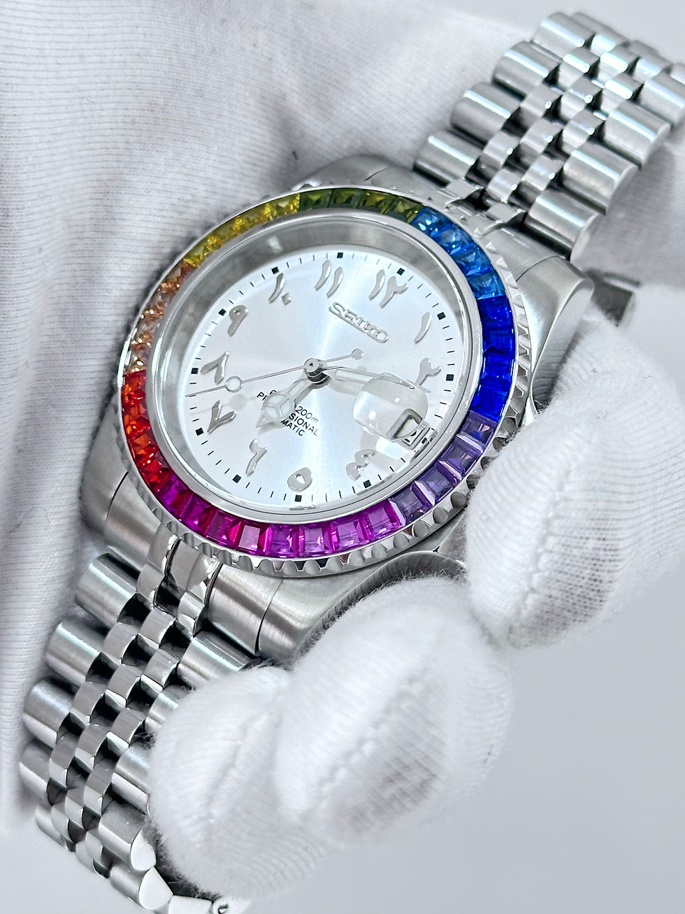 Thumbnail: CUSTOM SEIKO MOD ARABIC SILVER WATCH - ARABIC RAINBOW