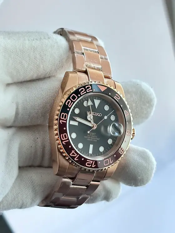 CUSTOM SEIKO MOD ROSE ROOT BEER WATCH GMT NH34 - GMT ROOT BEER