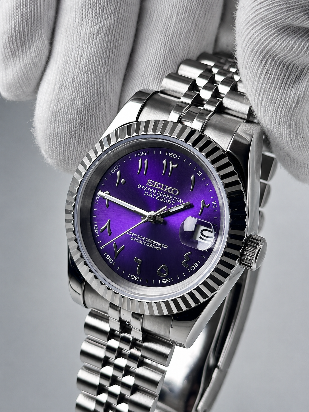 CUSTOM SEIKO MOD PURPLE ARABIC WATCH - SATIN PURPLE