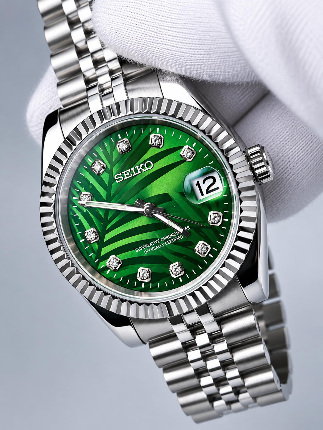 CUSTOM SEIKO MOD DIAMOND MARKER WATCH NH35 - EMERALD GREEN PALM