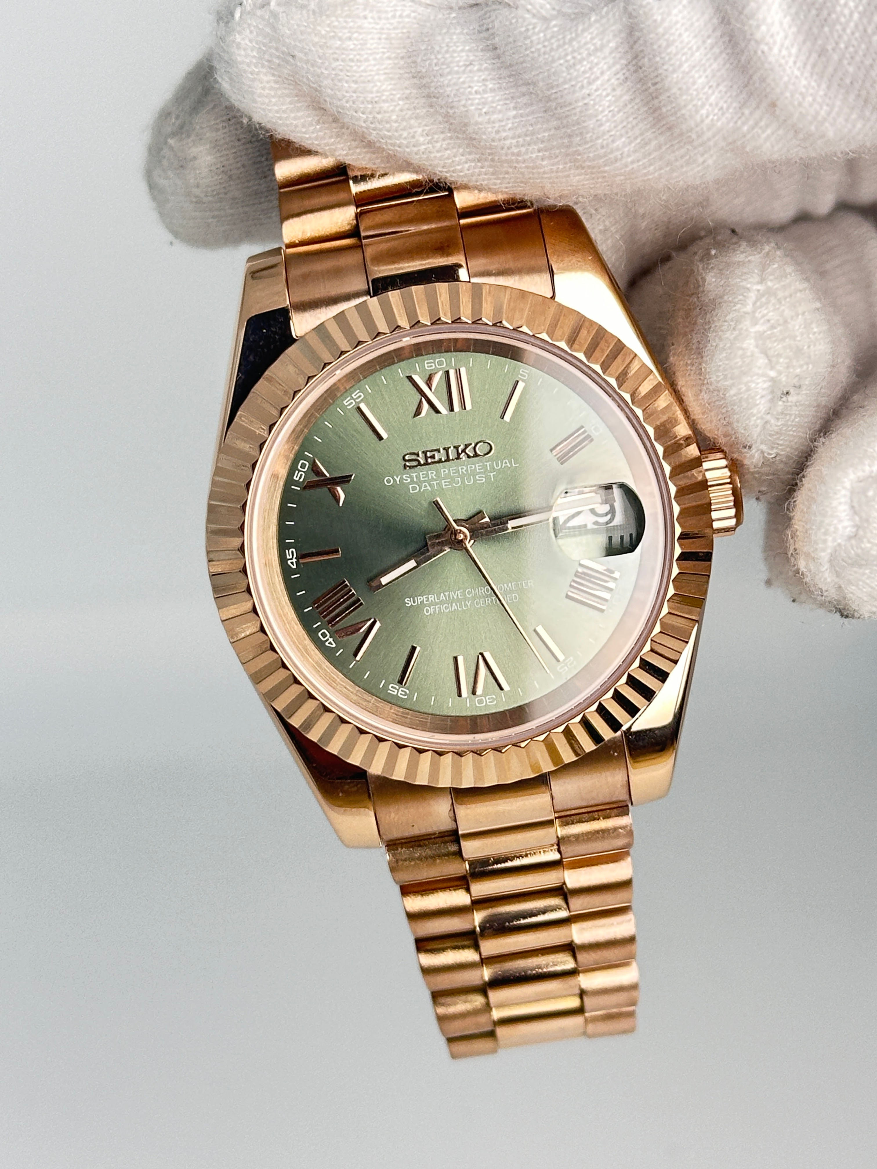 CUSTOM SEIKO MOD ROMAN ROSE WATCH NH35 - OLIVE PRESIDENT