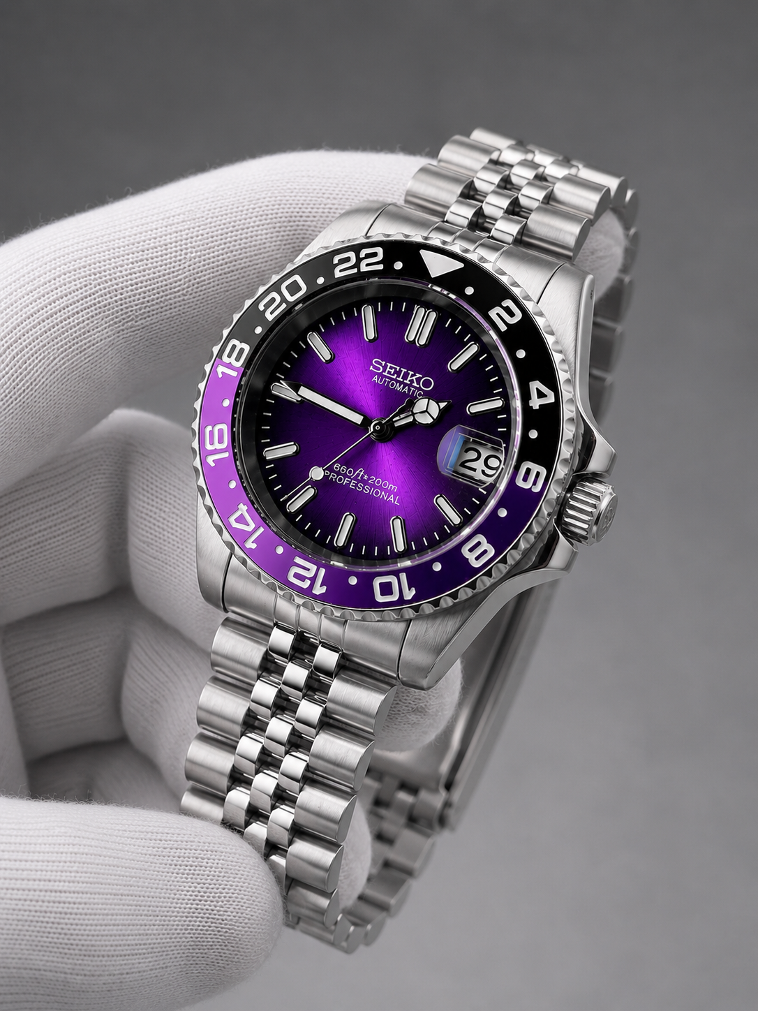 CUSTOM SEIKO MOD LUMINOUS JOKER WATCH - PURPLE STERLING