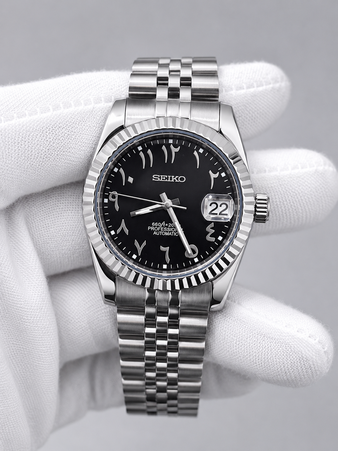 SEIKO MOD - CUSTOM ARABIC DATE WATCH - BLACK GLOSS