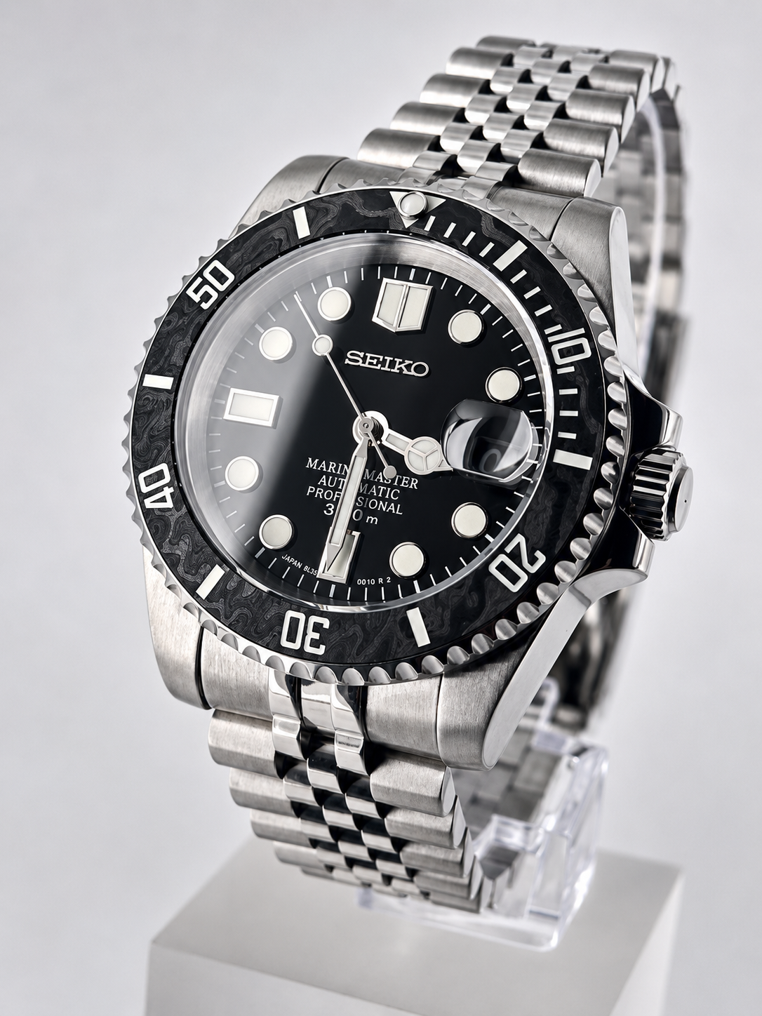 CUSTOM SEIKO MOD CARBON BLACK SUB WATCH NH35 - BLACK CARBON