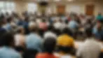 Eye-level view of community members gathering for an educational meeting