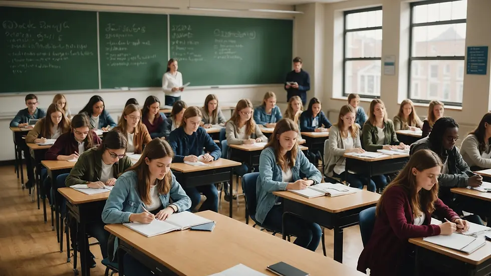 Eye-level view of a bustling university classroom with engaged students