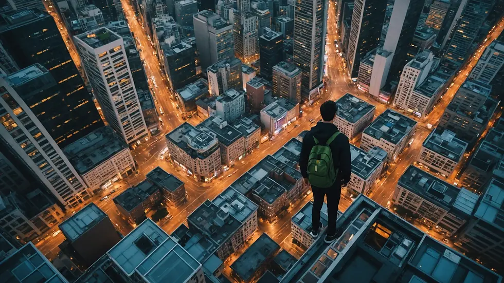 High angle view of a bustling cityscape showing a young individual engaged in a professional task