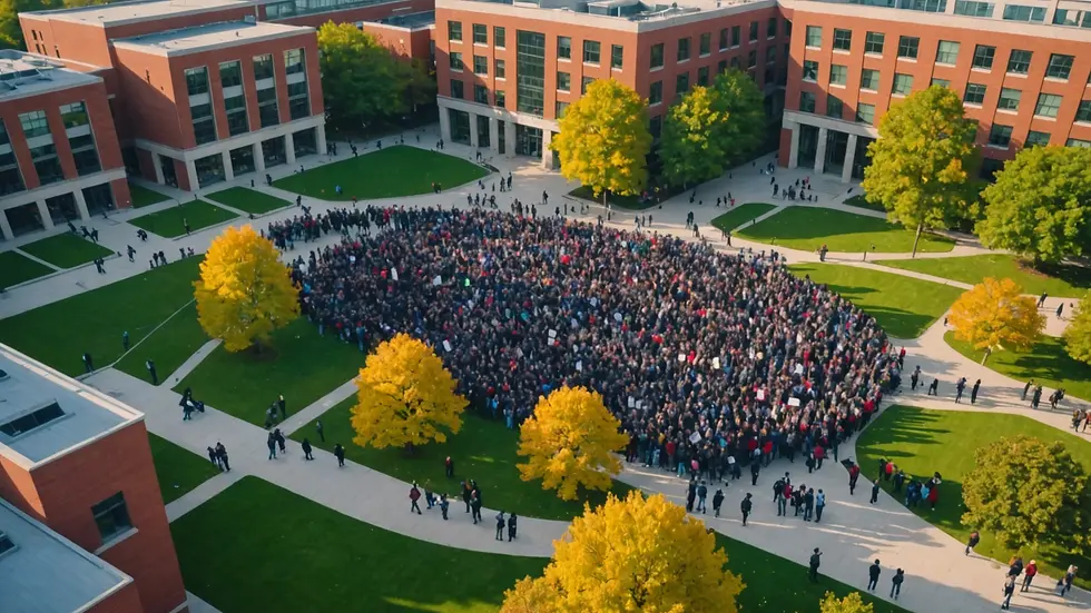 High angle view of a university campus with students gathered for a protest.
