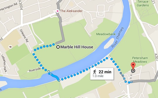 Follow the blue dotted line to get from Marble Hill Park to Petersham Nurseries