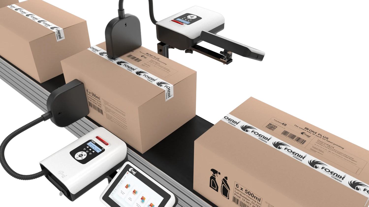 Installation de marquage de cartons avec plusieurs têtes d’impression et écrans de commande
