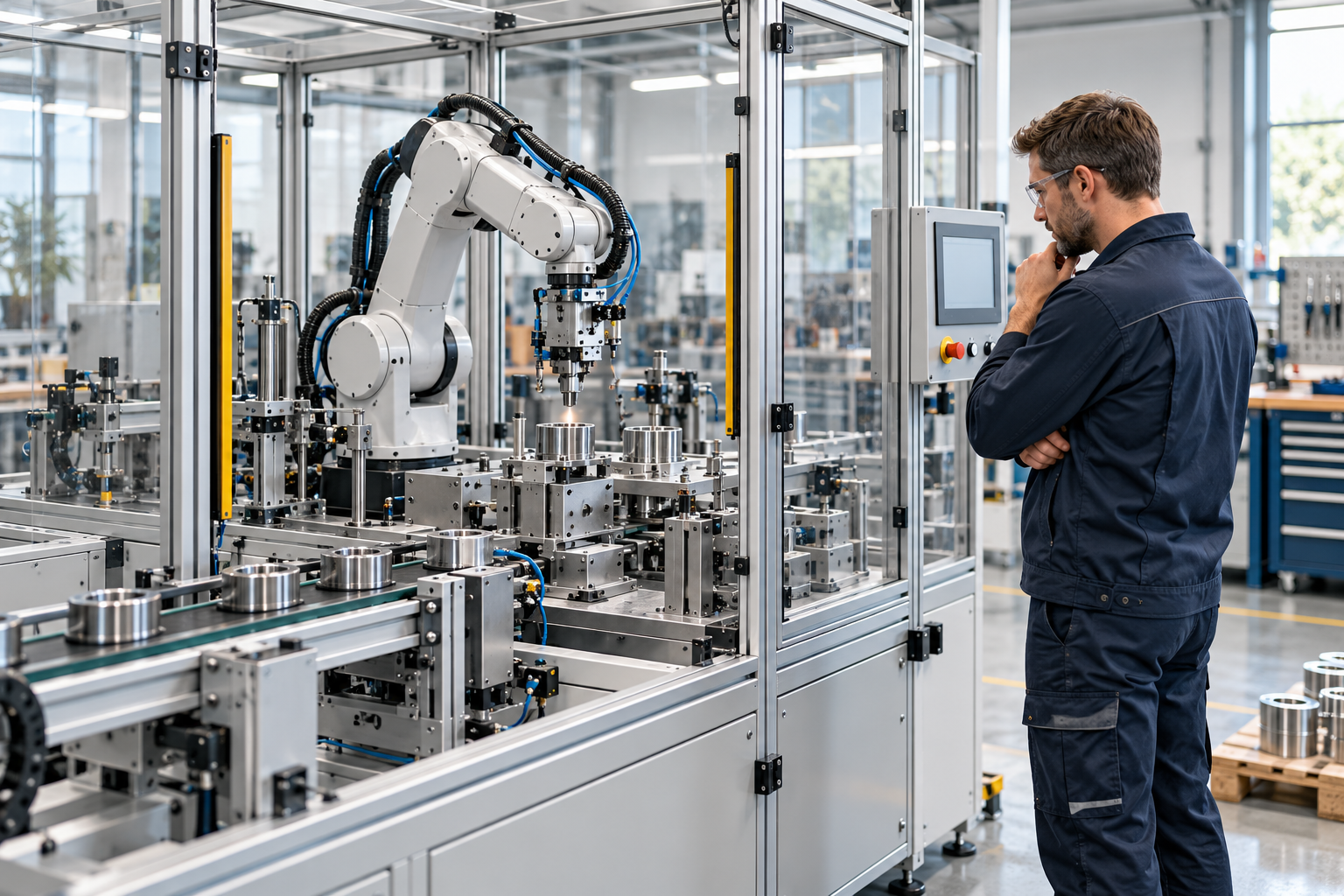 Ingénieur observant une cellule robotisée protégée avec convoyeur et outillages pour pièces mécaniques