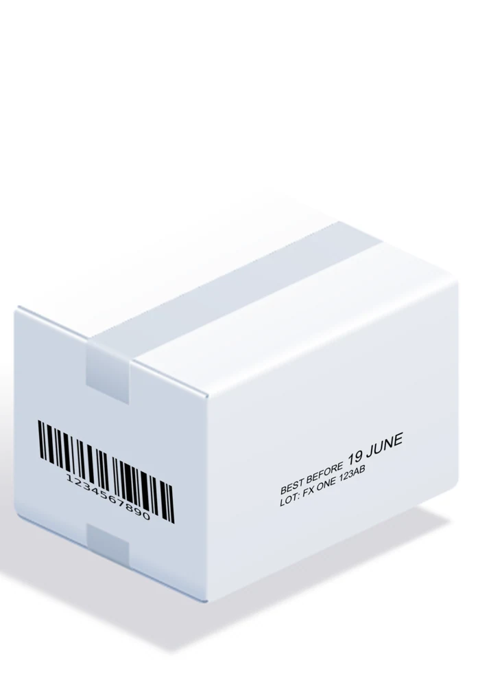 Boîte blanche portant un code-barres et des inscriptions