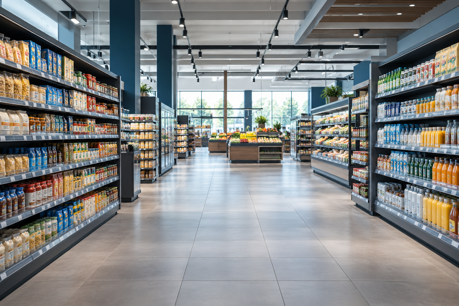 Allée de supermarché bordée de linéaires — illustration IA