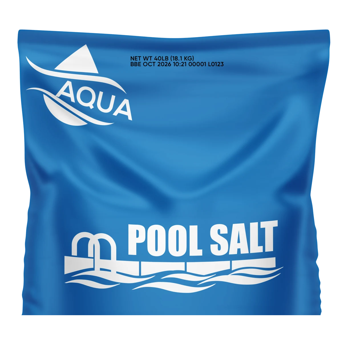 Sac bleu de sel pour piscine portant un marquage
