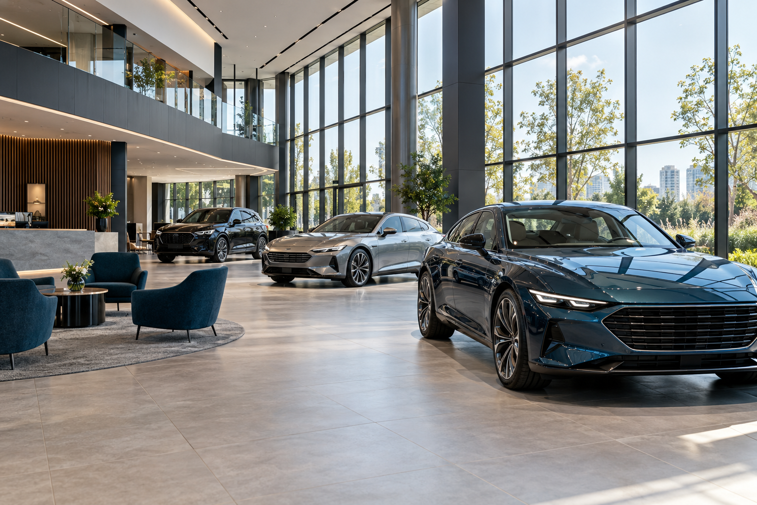 Showroom automobile haut de gamme avec un espace d’accueil et de larges circulations — illustration IA