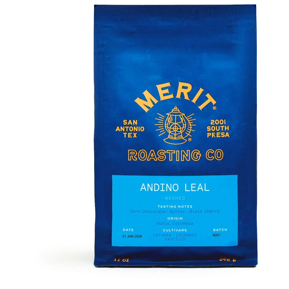 Sachet bleu de café portant un marquage en bas de face