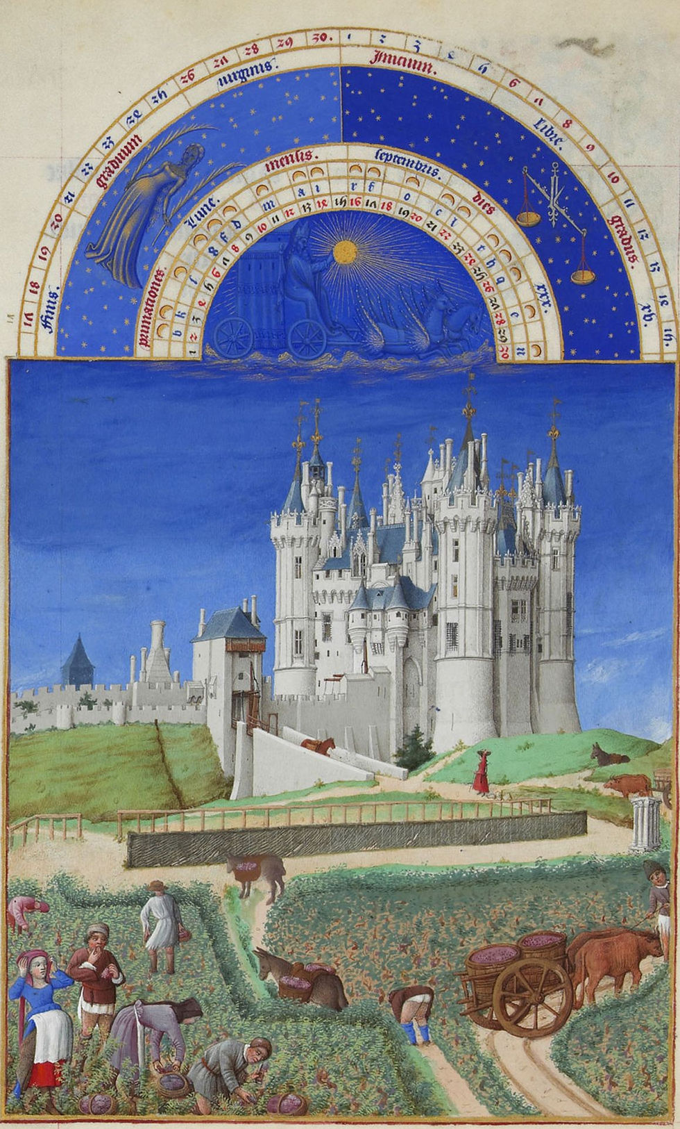 Der Monat September im Stundenbuch des Herzogs von Berry, das Schloss zu Saumur. Das Stundenbuch des Herzogs von Berry (französischLes Très Riches Heures du Duc de Berry bzw. kurz Très Riches Heures) ist das berühmteste illustrierte Manuskript des 15. Jahrhunderts.