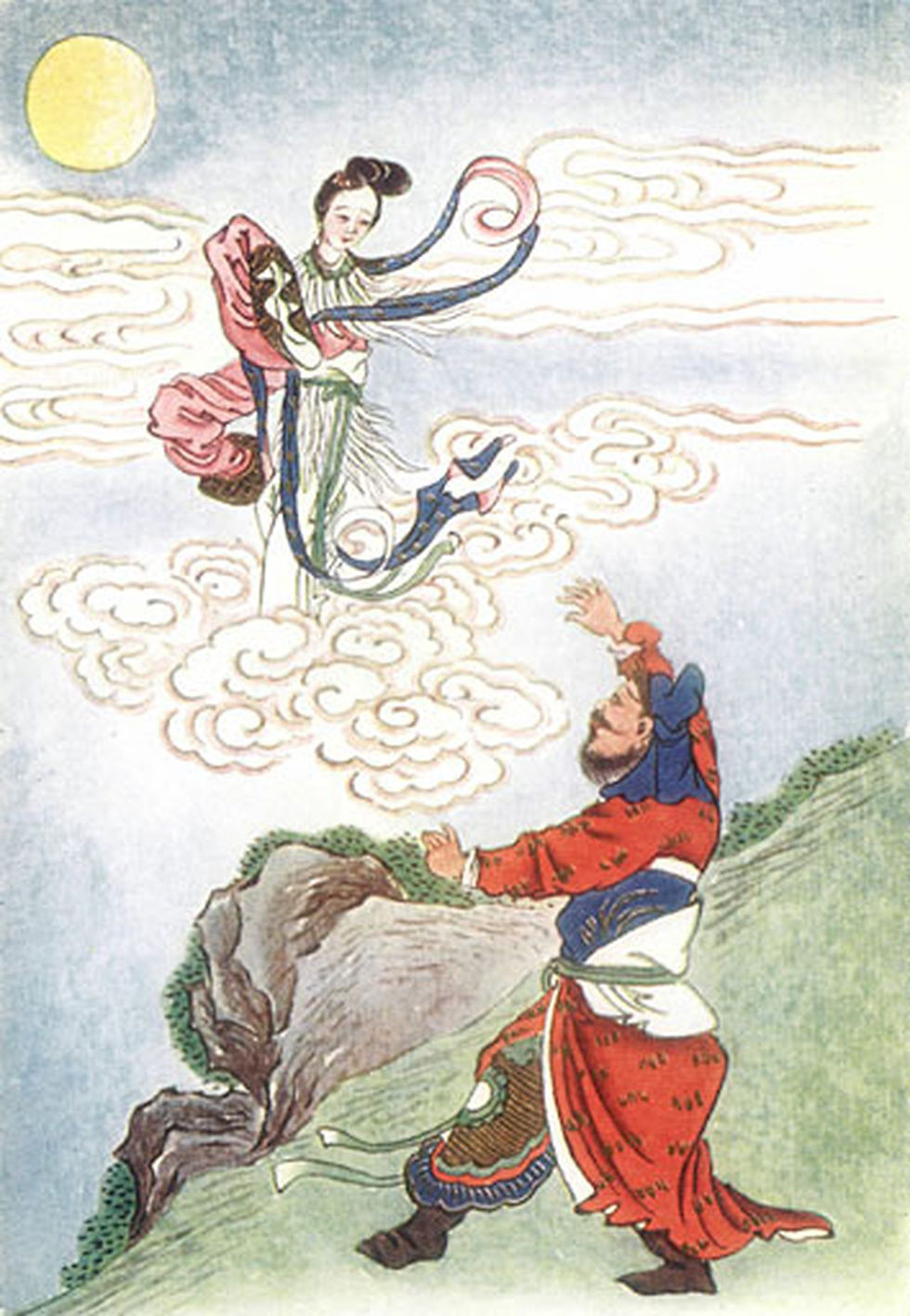 „Chang’e steigt zum Mond auf“ (嫦娥奔月): Der Legende nach sind Chang’e und ihr Ehemann Houyi, der Bogenschütze, Unsterbliche (Xian), die im Himmel lebten. Chang’eist eine chinesische Göttin des Mondes. Im Unterschied zu Mondgottheiten anderer Kulturen personifiziert sie den Mond nicht, sondern lebt mit dem Jadehasen, auch als Jadekaninchen bekannt,in einem Palast namens Guanghan Gong (广寒宫, Guǎnghán Gōng – „Palast der Weiten und Kälte“) auf ihm. Demnach wird in China auch von der "Frau im Mond" gesprochen.