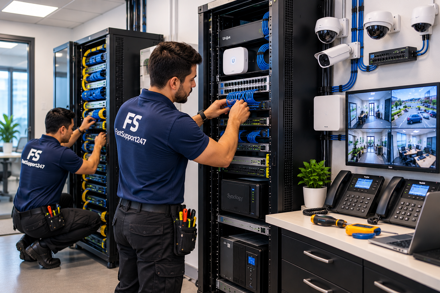 Two FastSupport247 technicians installing network cabling, security cameras, and business phones in a modern server room