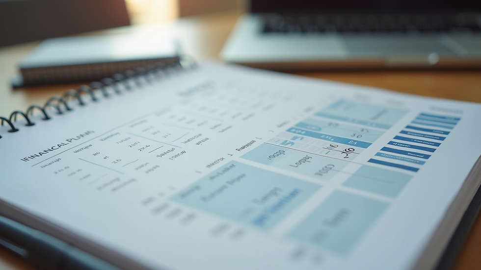 Close-up view of a financial planning notebook on a desk