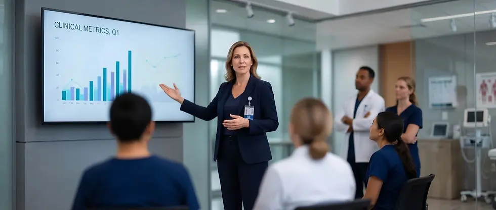 Studio photography of a woman in a suit presenting financial data on a screen to an audience in a modern conference room.