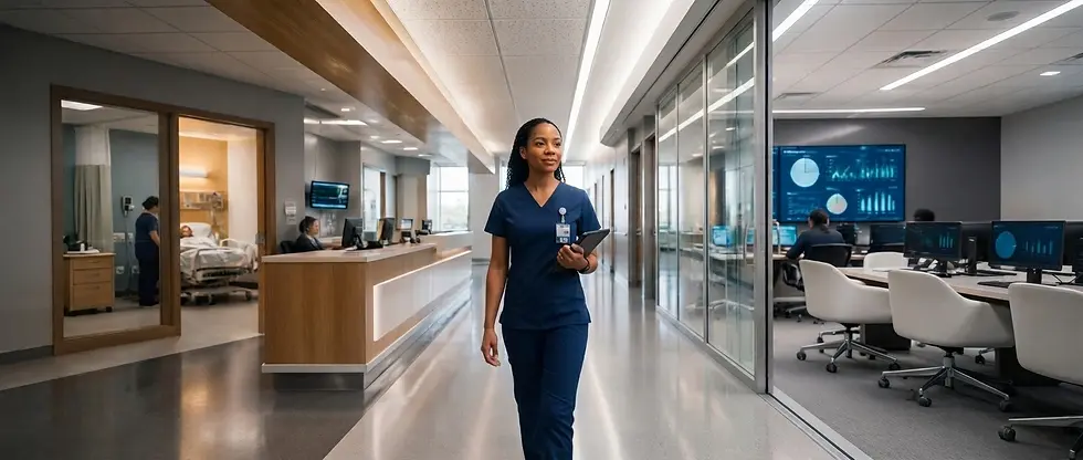Medical photography of a female nurse walking down a bright, modern hospital hallway holding a tablet. The scene conveys professionalism and advanced care.