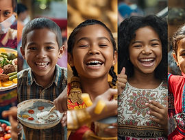 collage of 5 images of kids of different cultures sharing food anddances and traditions.jp
