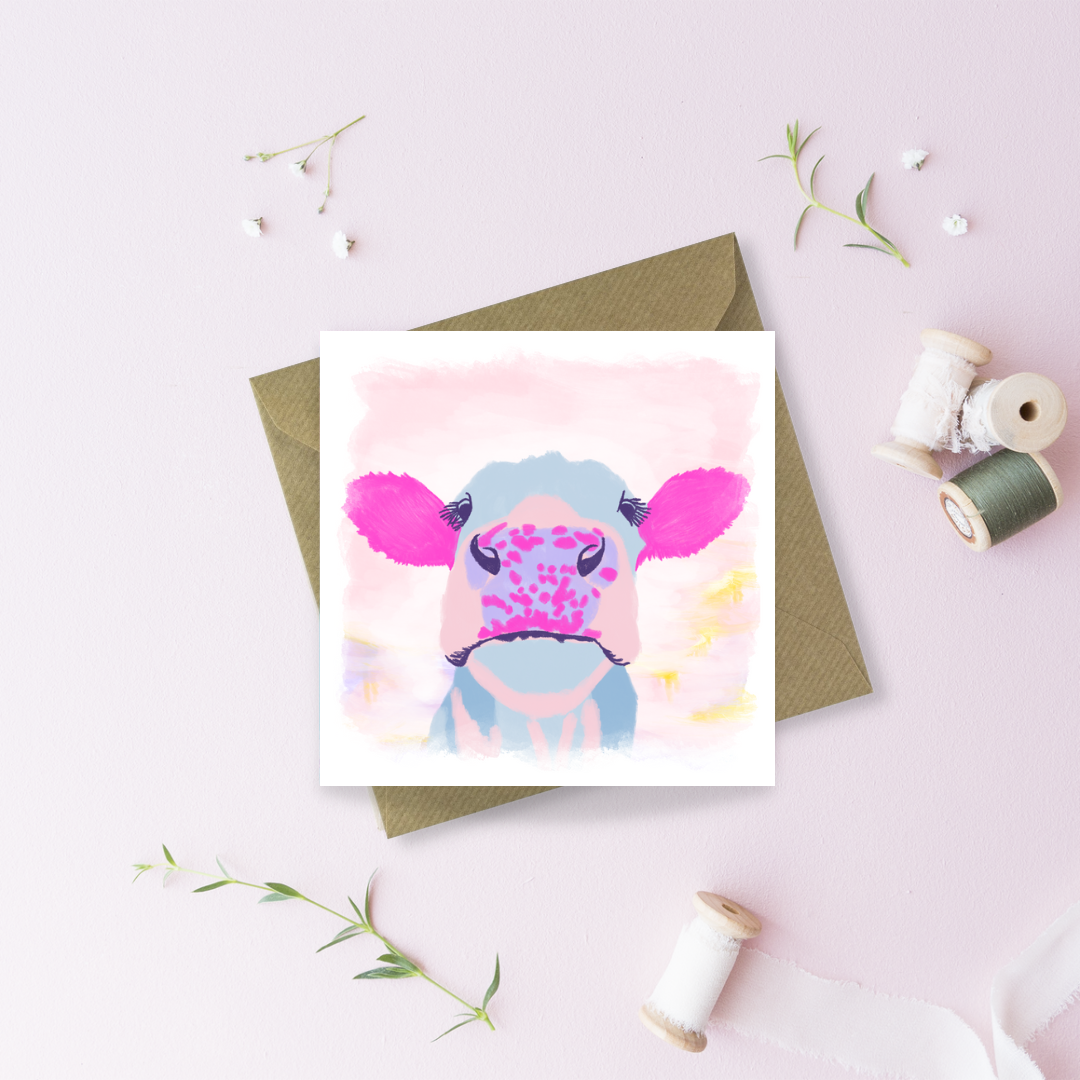 Bright semi abstract cow card, blank inside for all occasions. Unique Irish greetings cards by Kerry artist Hannah Sayers of Sayers Studio.