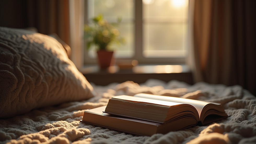Close-up view of a cozy reading nook with romantic books