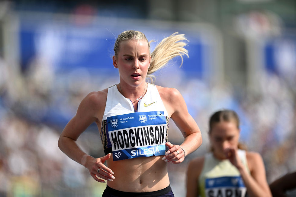 Keely Hodgkinson in Silesia warming up behind the block