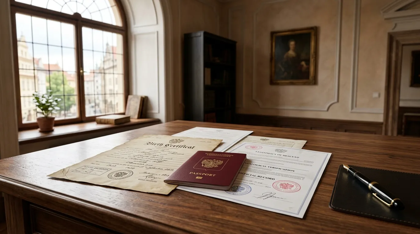 Passaporte e documentos organizados analisando o processo de cidadania italiana nova lei 2026 sobre mesa elegante.