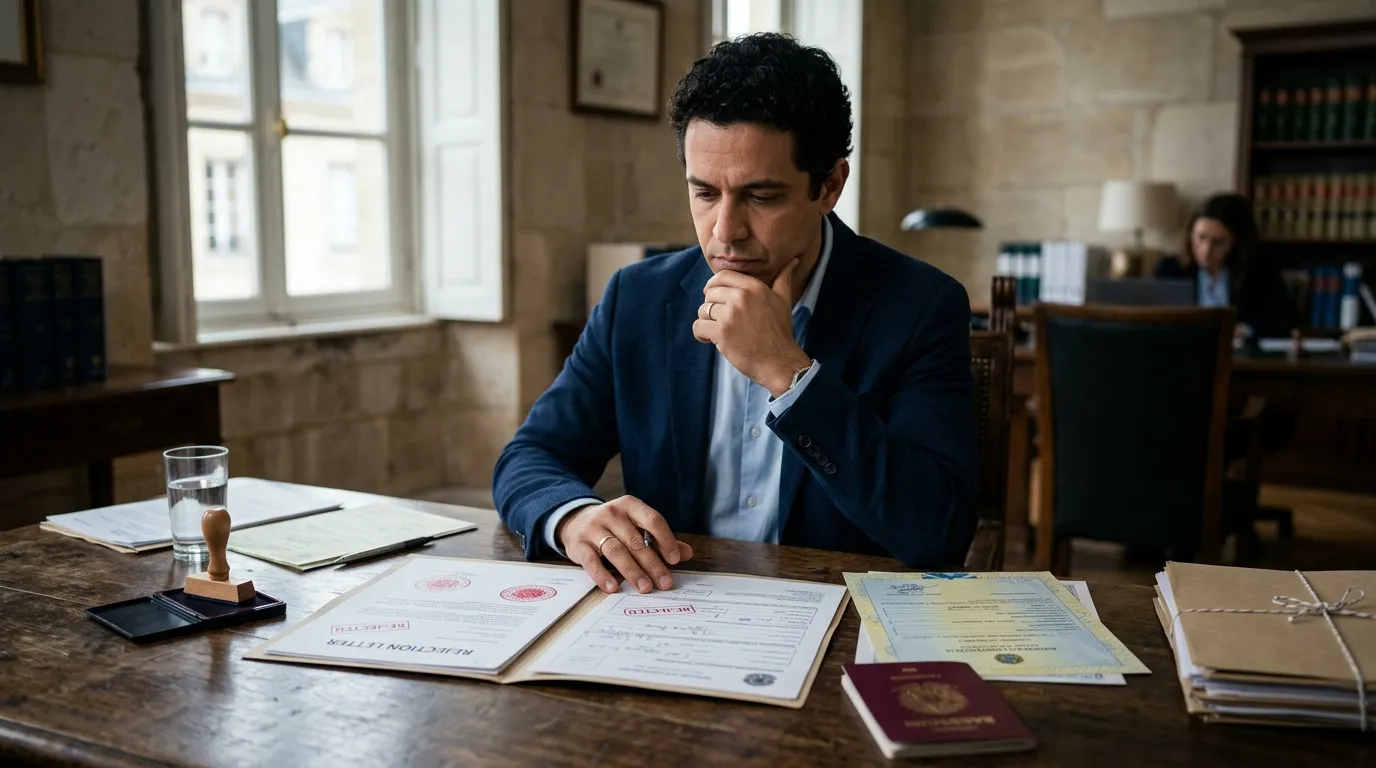 Homem analisando documentos após cidadania italiana negada em mesa de escritório.