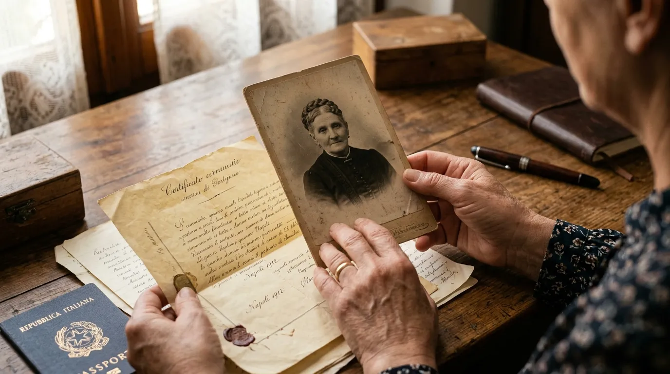 Documentos antigos para processo de cidadania italiana linha materna sobre mesa de madeira.