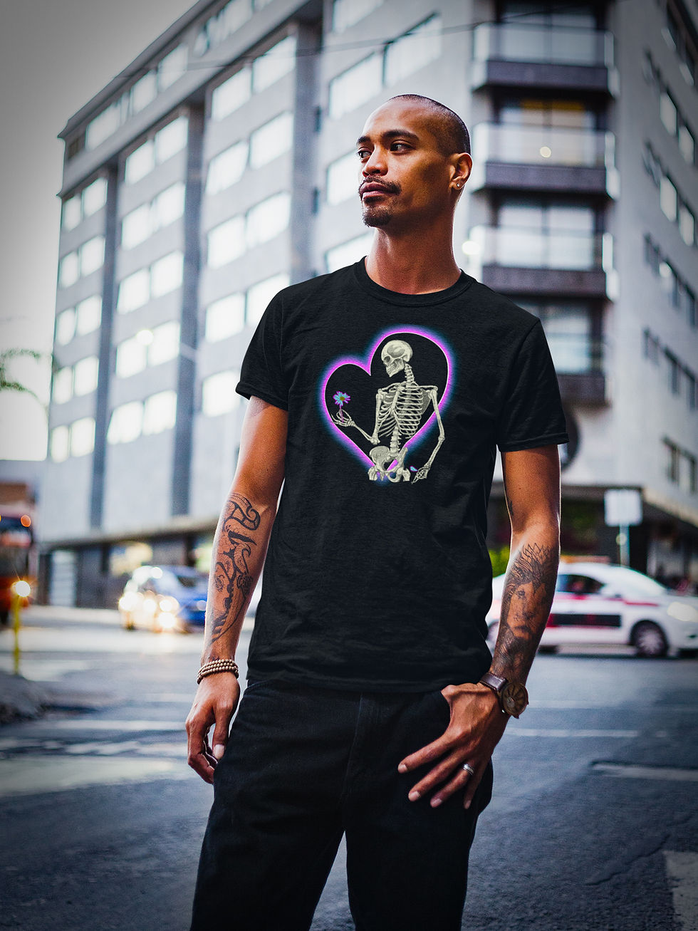 Thumbnail: Man wearing a graphic tee with skeleton plucking flower petal - Loves Me Not - with a neon heart backdrop