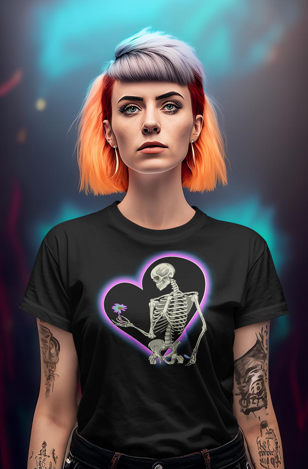 Thumbnail: Woman wearing graphic tee with skeleton plucking flower petal with a neon heart backdrop