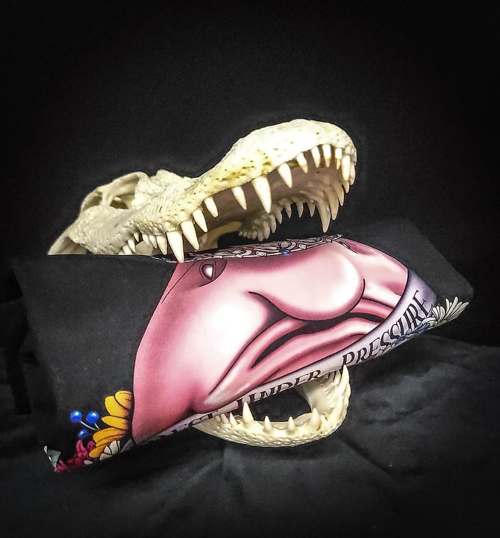 Thumbnail: Beauty pageant blobfish graphic tee rolled up and in the mouth of an alligator skull