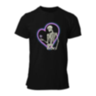 Black graphic tee with skeleton plucking flower petal - Loves Me Not - with a neon heart backdrop