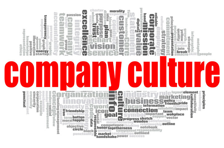 "Company culture" in bold red text centered in a gray word cloud with words like "team", "innovation", and "vision" related to business.
