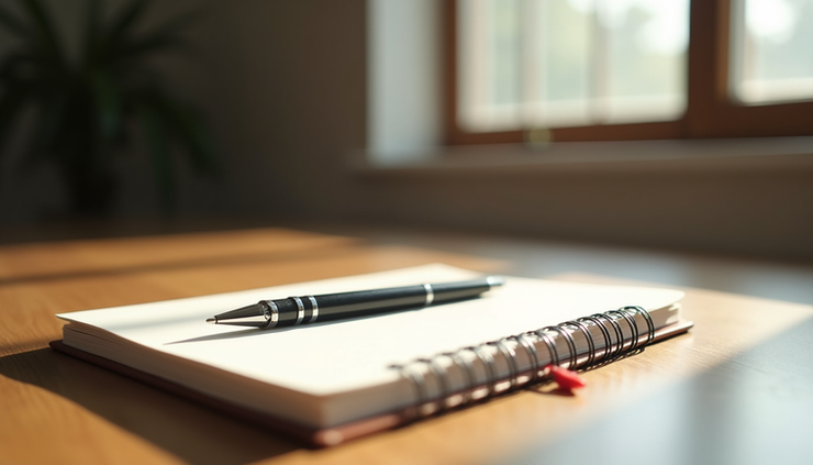 Eye-level view of a quiet room with a notebook and pen on a wooden table