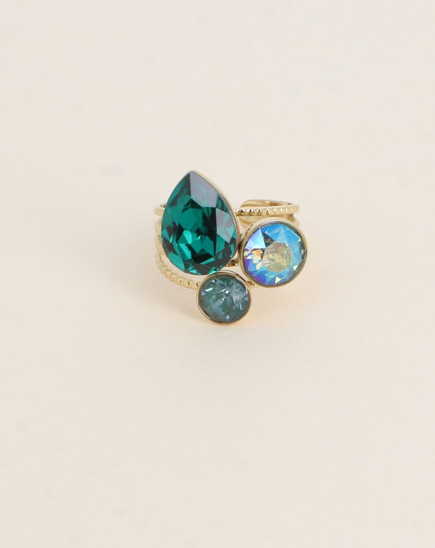 Miniaturbild: Bague goutte dorée ajustable ornée de 3 cristaux 