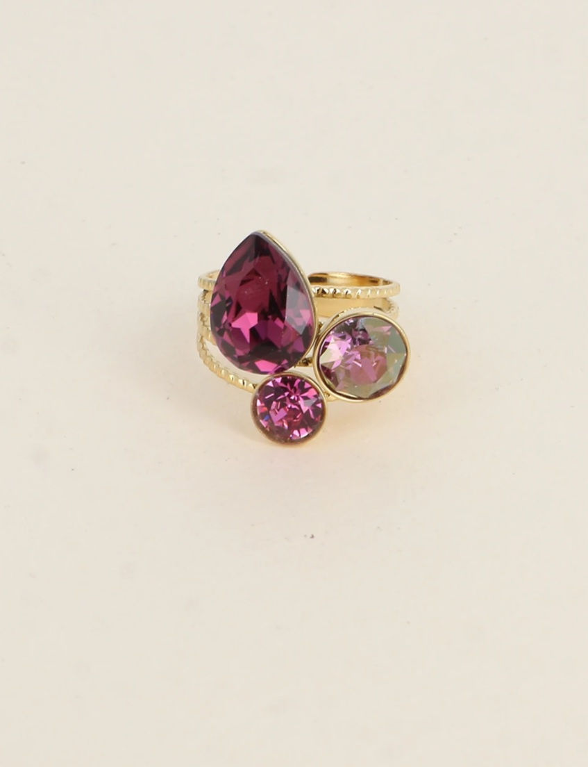 Miniatura: Bague goutte dorée ajustable ornée de 3 cristaux 