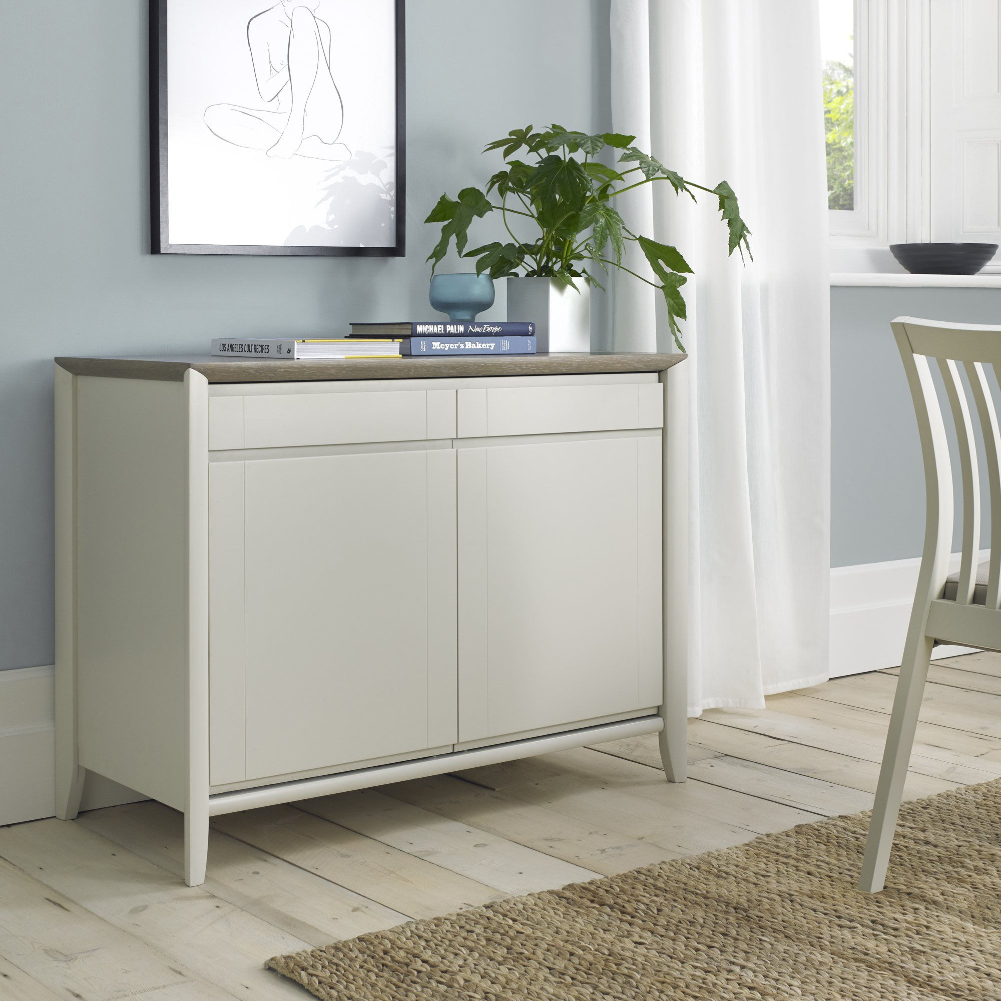 Bergen Grey Washed Oak and Soft Grey 2 Door 2 Drawer Narrow Sideboard