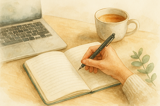 Carnet ouvert avec stylo, ordinateur portable et tasse sur un bureau