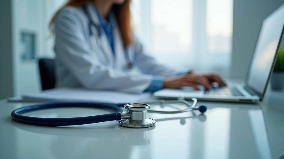 Eye-level view of a doctor’s office with a stethoscope on the desk