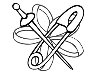 Fencing Foil crossed with a safety pin over a flower of life logo