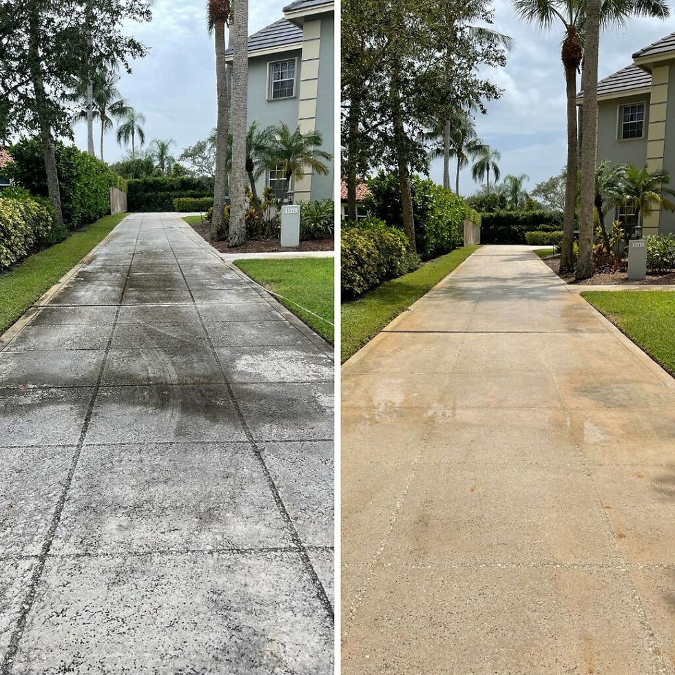 High angle view of a patio before and after pressure washing