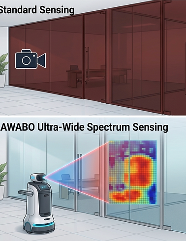 A comparison of Standard Sensing vs. LAWABO Ultra-Wide Spectrum Sensing. Top: Standard camera views office through a transparent glass wall, which it cannot recognize. Bottom: Service robot with LAWABO sensing generates a detailed sensor map across the glass wall, demonstrating the unique ability to detect and map glass surfaces, a capability standard cameras lack.